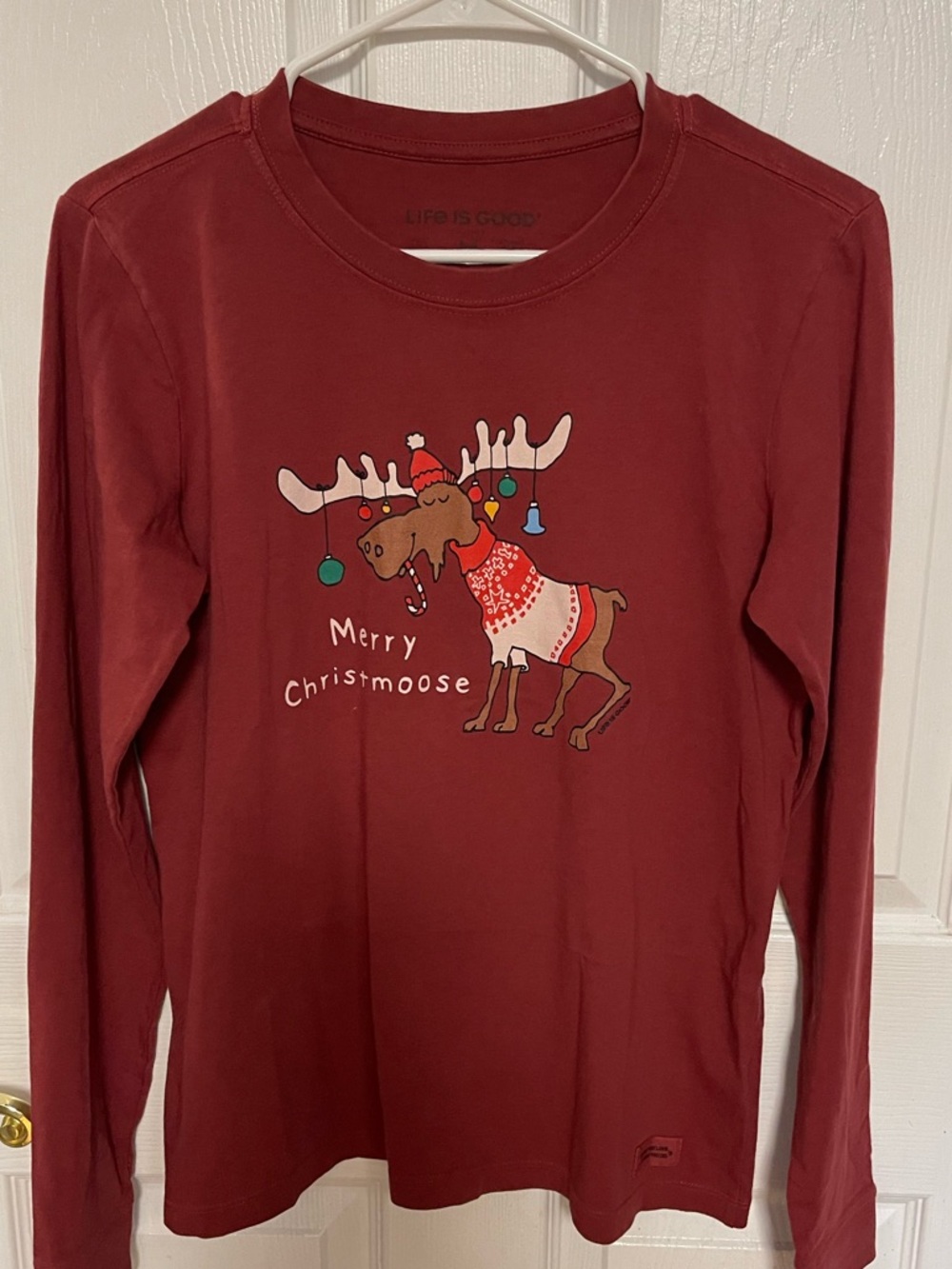 Life Is Good Burgundy Long-Sleeve Tee with Festive Moose Graphic